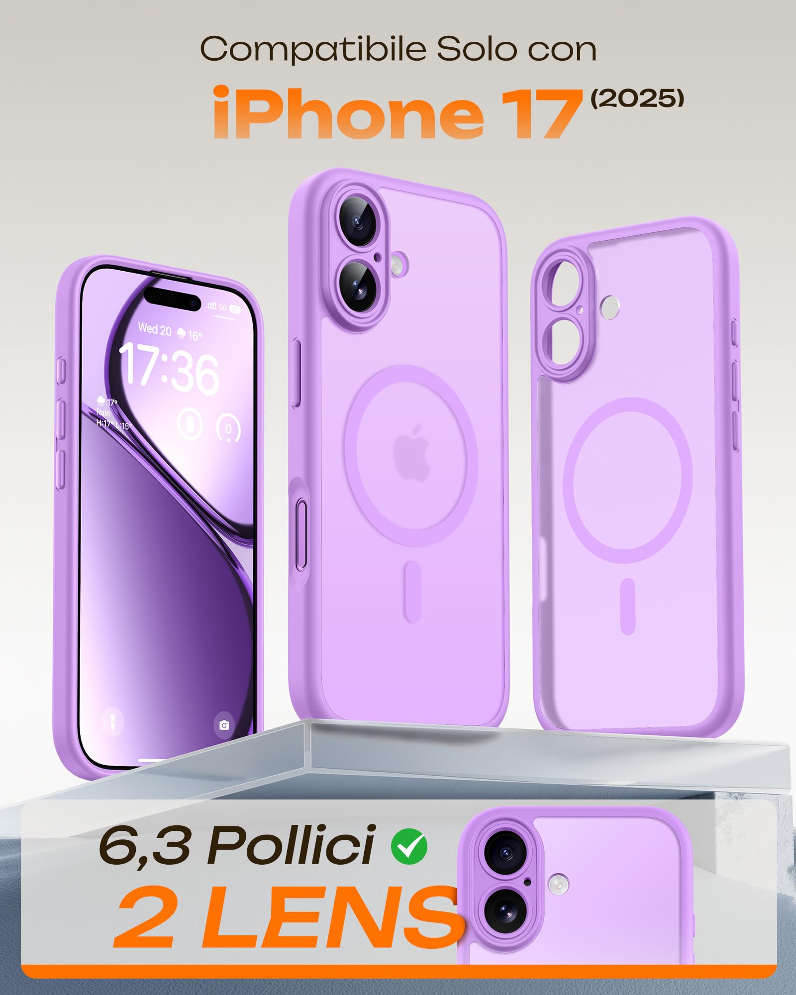 TOCOL Cover Magnetica per iPhone 17 6,3 Pollic, Compatibile con MagSafe, Anello Magnetico Incorporato, Protezione Fotocamera Integrata, Custodia Antiurto Traslucida Opaca, Viola Chiaro