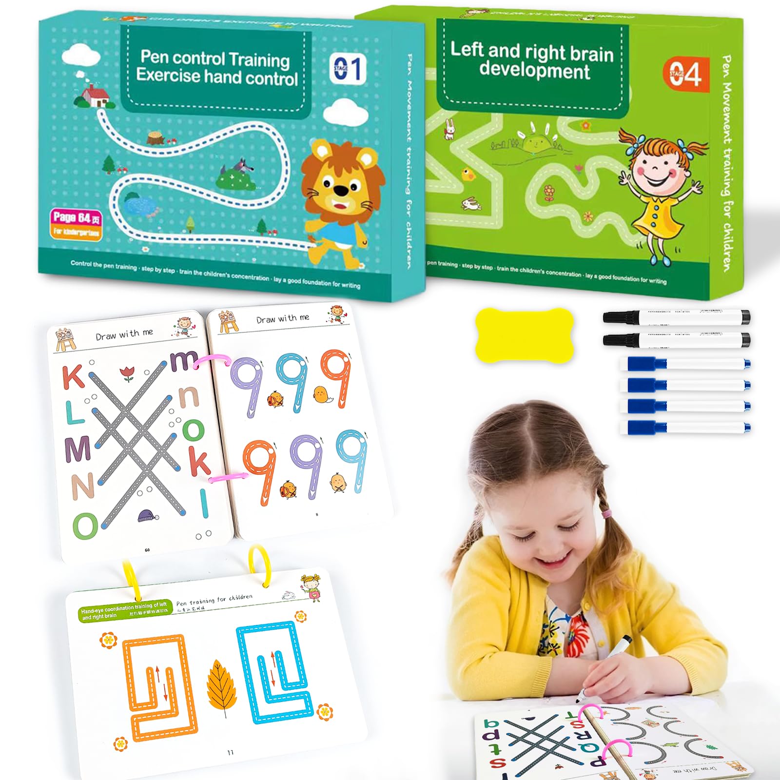 Scribble Smart Workbook Libro per Imparare a Scrivere Cancellabile Pregrafismo Riutilizzabile Prescolare Attività Bambini 3-6 Livello 1+4