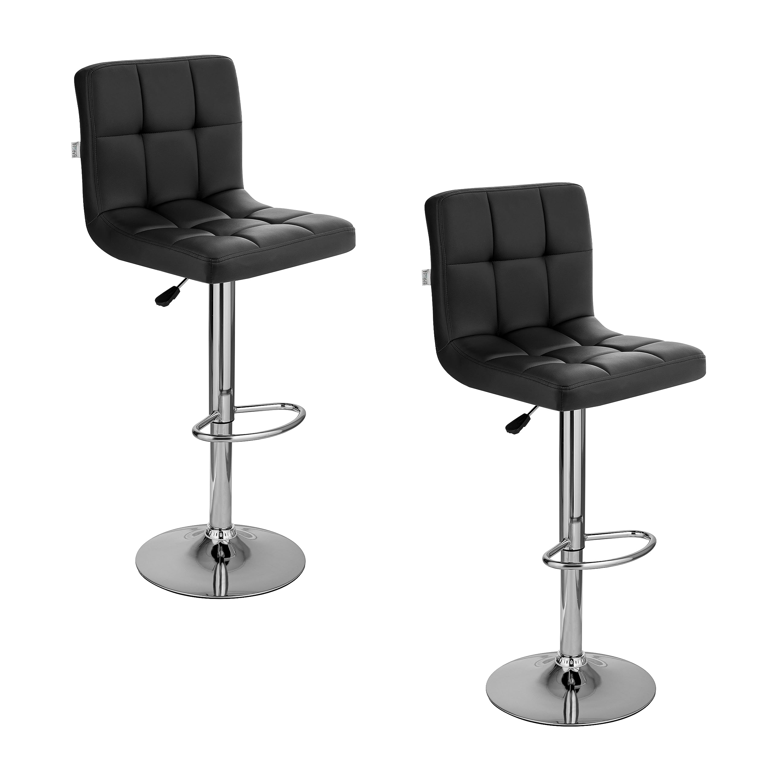 Baroni Home Juego de 2 Taburetes de Bar o Cocina de Tejido Acolchado, Ajustable y Giratorio De 360°, con Respaldo y Reposapiés, Estructura de Acero Cromado, Color Negro de Piel Sintética
