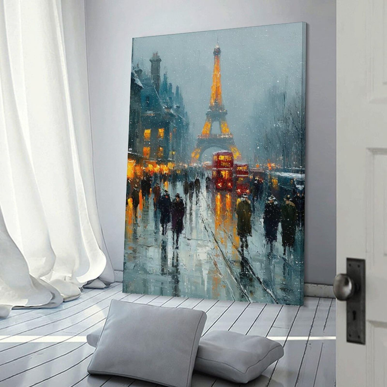 Junmoney Frame-Style-2 Hanging Wall Art Parisian Winter Snowfall, 24X36inch(60X90cm), For Entryway, Lounge Links Or Small Walls, A Neat Decor Update For Hallways