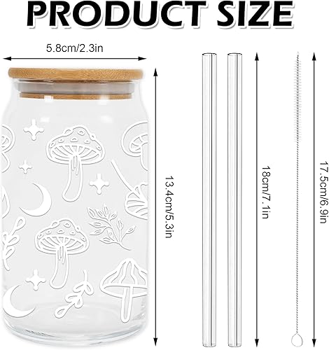 Miniatura 2 de Whaline Paquete de 2 vasos mágicos de hongos para beber vasos de 16 onzas con hojas de hongo, taza de café helado con tapa de bambú, cepillo de