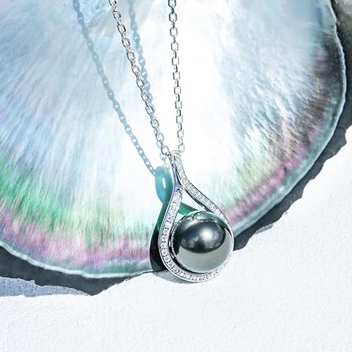 Miniatura 2 de Collar con colgante de perlas negras de Tahití de 0.433-0.472 in con colgante de moissanita, perlas negras seleccionadas a mano AAAA, moissanita de