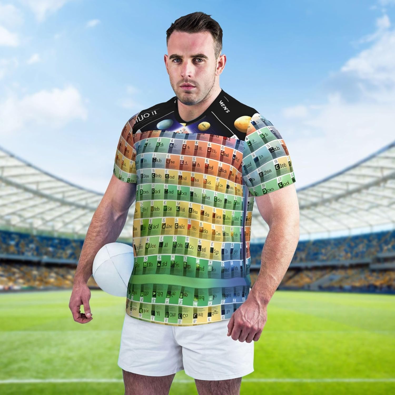 Periodic Table of Elements Rugby Football Jersey for Men, Comfortable V-Neck Loose Fit Top for Team Sports Athletics