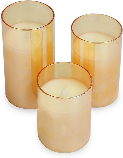 LED Candles - Set of 3 | Warm White Flameless Candle Gift Set | Flickering Battery Powered Candles | Indoor Battery Candles with Timer | M&W (Gold)