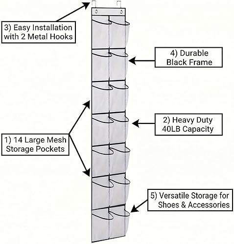 Miniatura 5 de Organizador de zapatos sobre la puerta con 14 bolsillos grandes de malla, almacenamiento colgante que ahorra espacio para zapatos y accesorios,