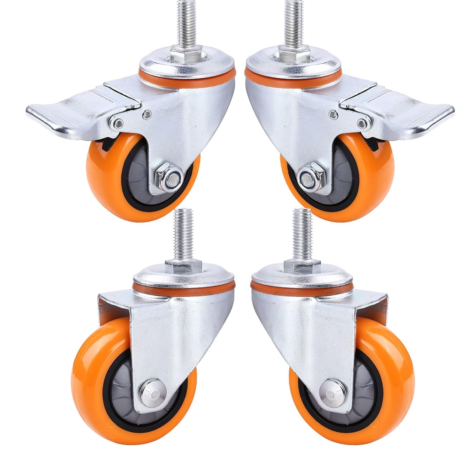 4 Pièces 75mm M12*30mm roulettes Filetées Pivotantes avec Frein, Roues en PU Silencieuses for Meubles, Capacité de Charge 300kg(2swivel+2with Brake,100mm)