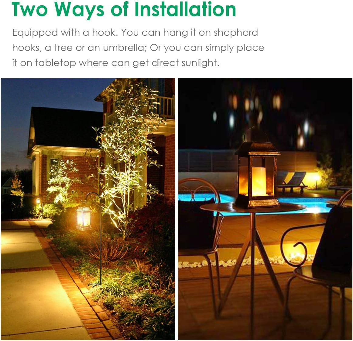 TomCare Solarleuchten, Metall, flackernde Flamme, Solarlaterne, Outdoor-Hängelaternen, Beleuchtung, strapazierfähig, solarbetrieben, wasserdicht, LED-Flammenlichter für Terrasse, Garten
