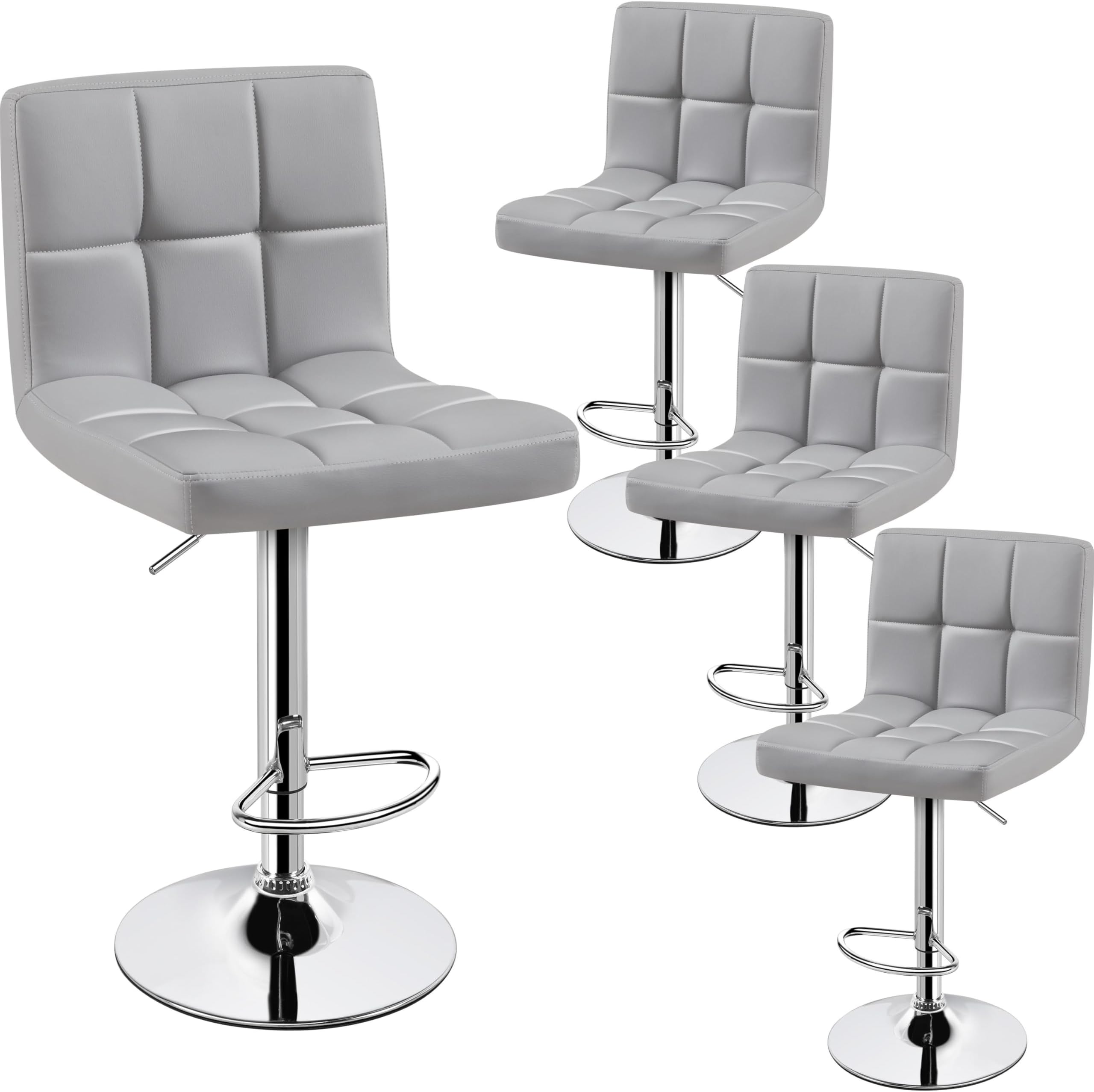 Bar Stools Set of 4, PU Leather Adjustable Barstools, Modern Counter Stools with Back and Footrest, Counter Height Barstools for Bar, Kitchen, Dining Room, Light Gray