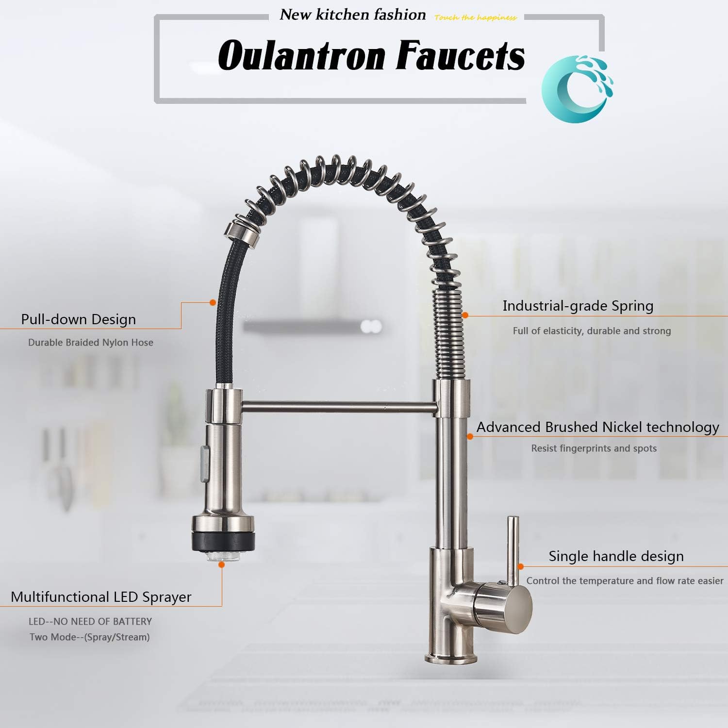 Onе-Dау Sаlе: Uр tо 40% оƒƒ Brushed Nickel Kitchen Faucet,LED Spring Kitchen Faucets ,Kitchen Sink Faucets Pull Down Sprayer Single Handle Oulantron Commercial Faucets Stainless Steel Bеѕt Quаlіtу 🔥 Brushed Nickel Kitchen Faucet,LED Spring Kitchen Faucets ,Kitchen Sink Faucets Pull Down Sprayer Single Handle Oulantron Commercial Faucets Stainless Steel