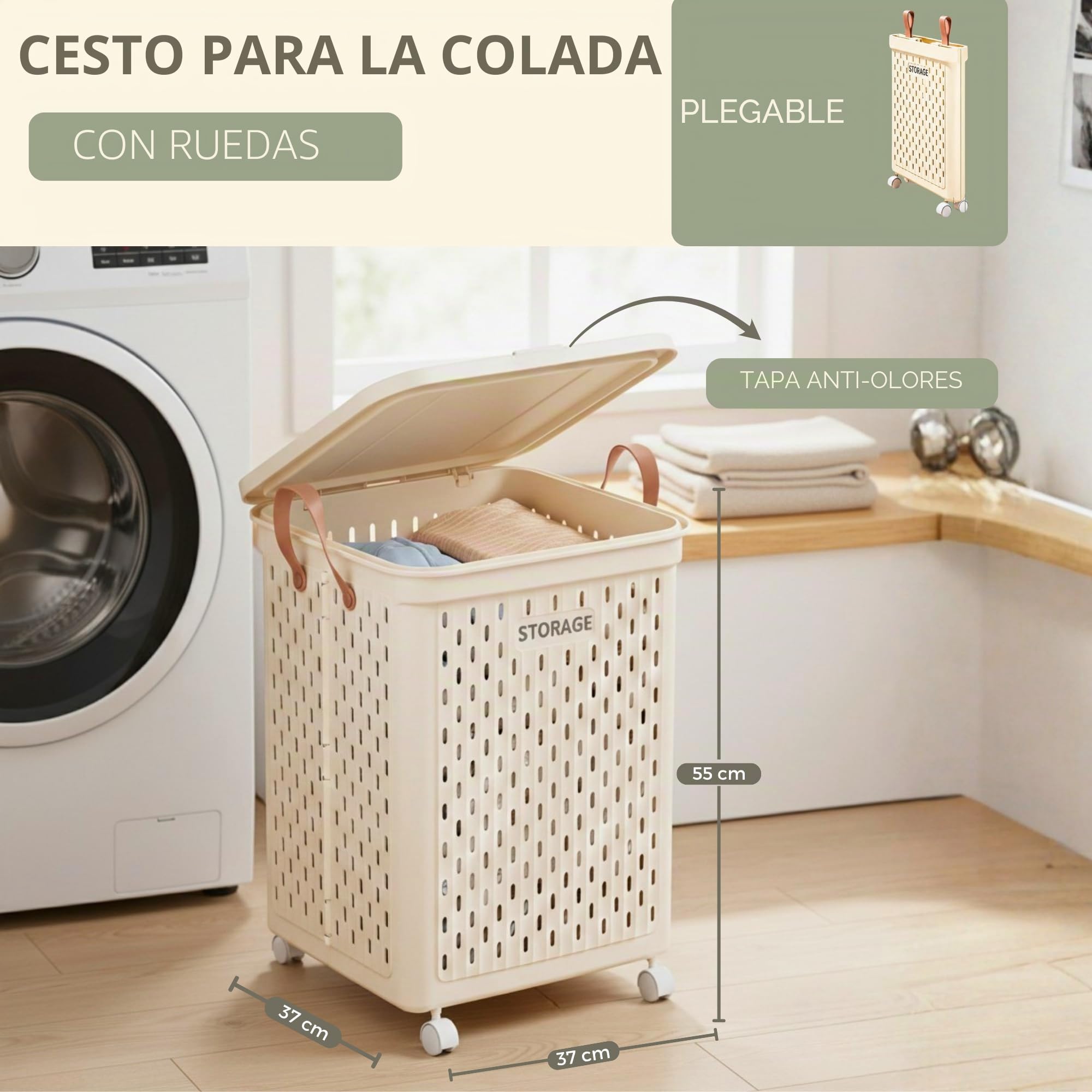 MAGIC SELECT Cesto para Ropa Sucia con Ruedas y Tapa (55x37x37 cm) | Gran capacidad, ruedas 360°, tapa, diseño plegable y transpirable