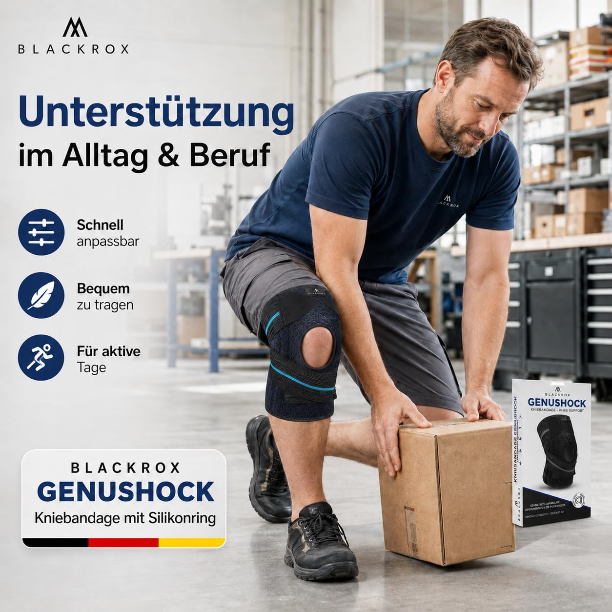 BLACKROX GENUSHOCK KNIEBANDAGE MIT SILIKONRING – Kniegelenkbandage für Damen & Herren – Unterstützung von Knie & Meniskus – Kniestütze ideal für Sport, Fußball, Kraftsport & Training – One Size