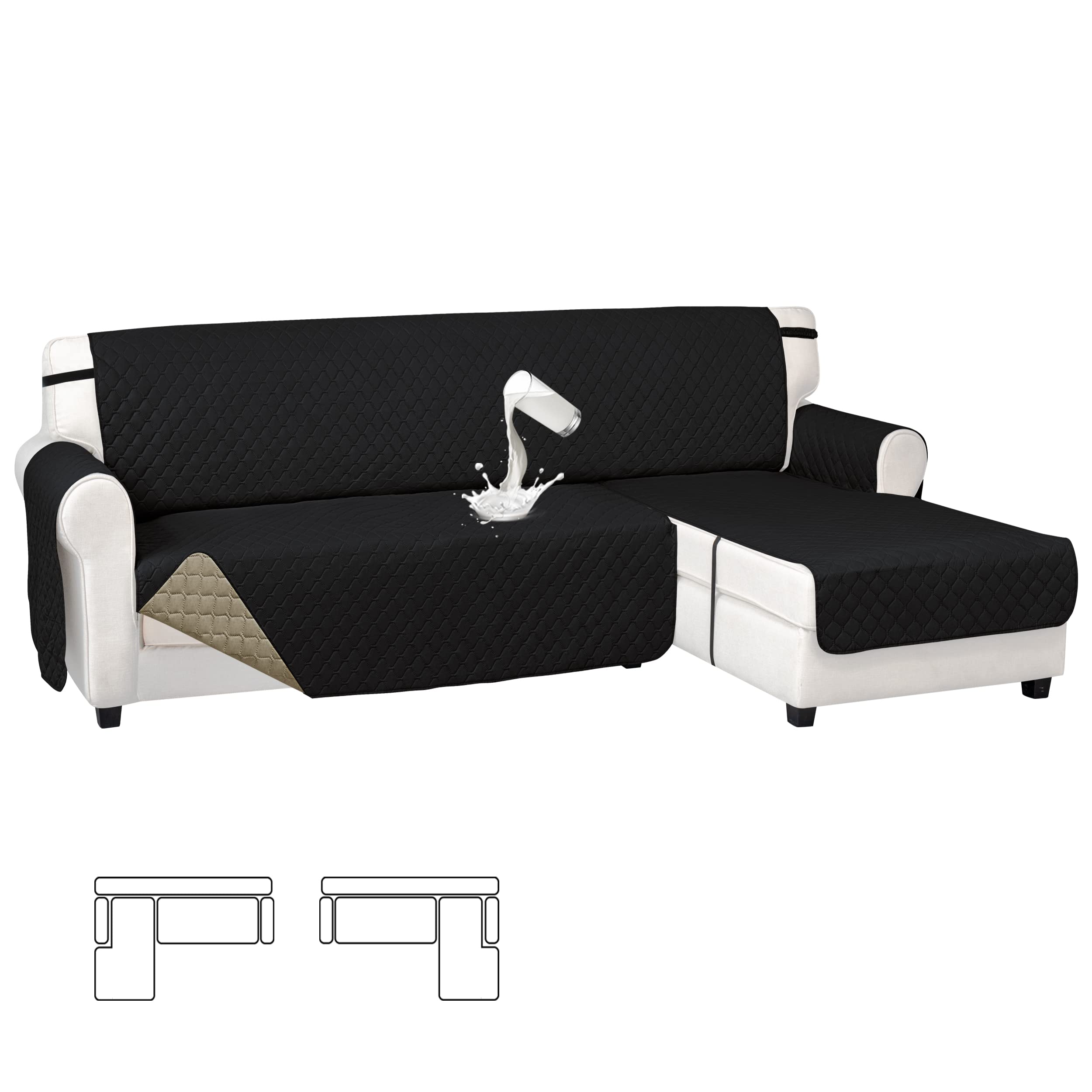 Easy-Going Waterproof L Shape Sectional Couch Covers with Chaise Reversible Leakproof Non-Slip Sofa Cover for Dogs Furniture Protector Cover with Adjustable Strap for Pets (X-Large, Black/Beige)