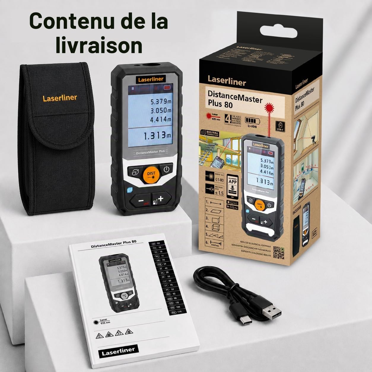 Laserliner Télémètre Laser DistanceMaster Plus 80 | Appareil de Mesure Numérique, Portée de 80 m, Mesure de Longueurs, Mesure de Surfaces, Mesure de Volumes