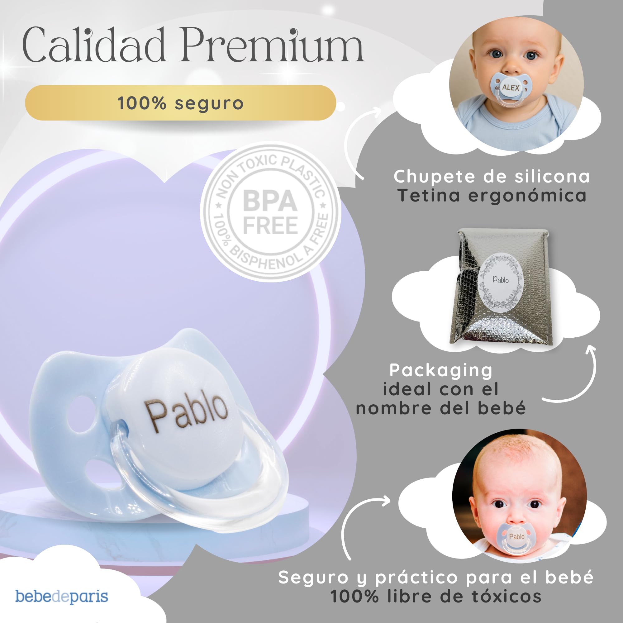 Chupete Personalizado 0 a 6 Meses con Nombre | Regalo Bebe Recien Nacido Niño | Tetina de Silicona Sin BPA | Suave Cómodo y Seguro | Presentado en Caja Regalo de Lujo (Azul) | BebeDeParis