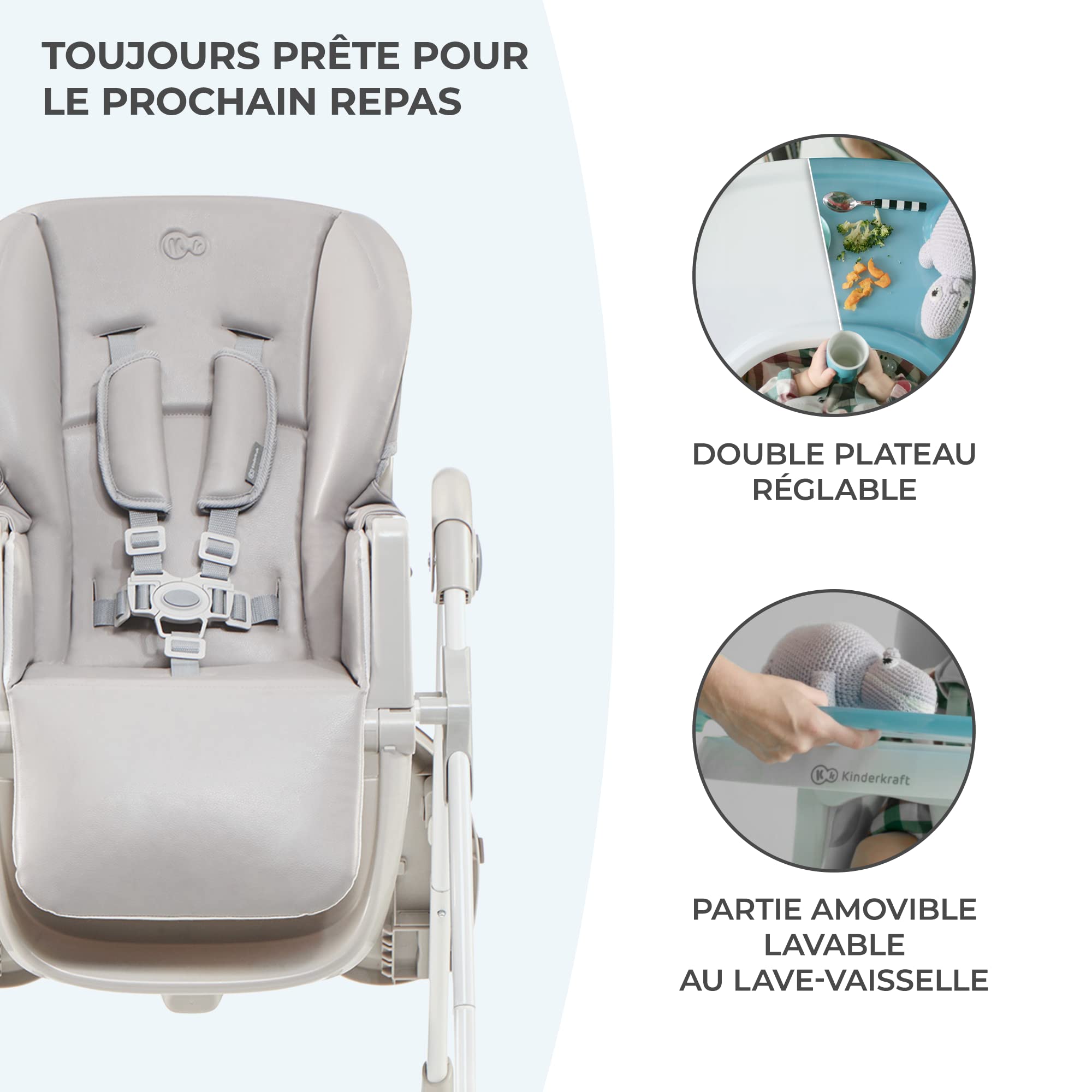 KINDERKRAFT Chaise Haute Enfant Yummy, Pliable, Réglable, Nettoyage Facile, Gris, 103 x 59 x 83 cm, 1 Unité