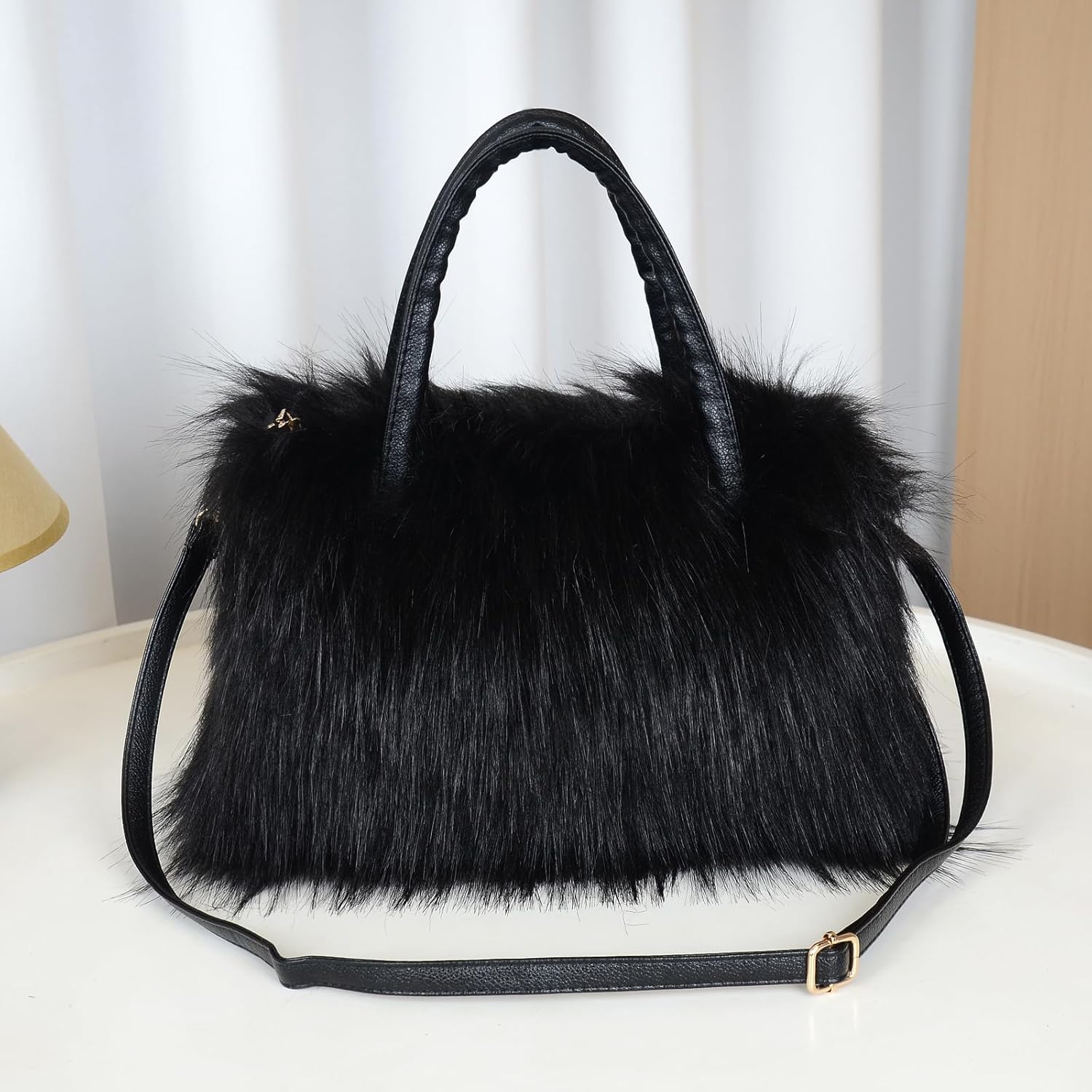 Women's Faux Fur Crossbody Tote Purse, Black Leather Handle Fluffy Fashion Shoulder Handbag