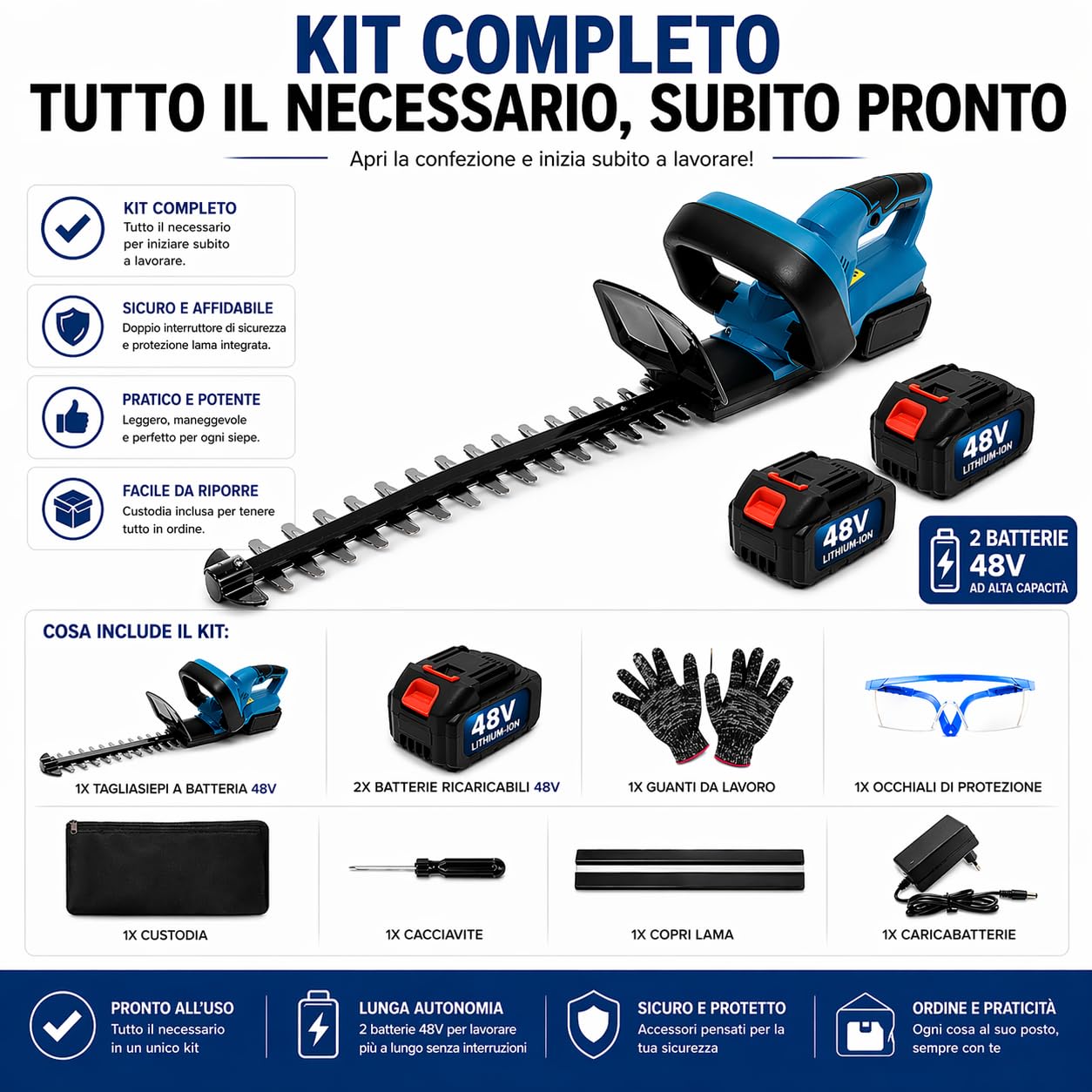 Tagliasiepi a Batteria 48V, Senza Fili, Lama 55cm, 2 Batterie Incluse, Autonomia Fino a 60 Minuti, Tagliasiepi Elettrico Potente e Leggero per Giardino e Siepi