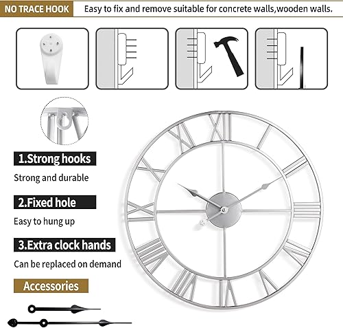Miniatura 7 de Reloj de pared grande  16 pulgadas reloj de pared de metal silencioso sin tictac, plata moderna vintage, funciona con pilas, ideal para sala de