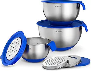 Belwares Mixing Bowls with Lids Set - Nesting Bowls with Graters, Handle, Pour Spout, Airtight Lids - Stainless Steel Non-Slip Mixing Bowl for Cooking, Baking, Prepping, Food Storage (Set of 3)
