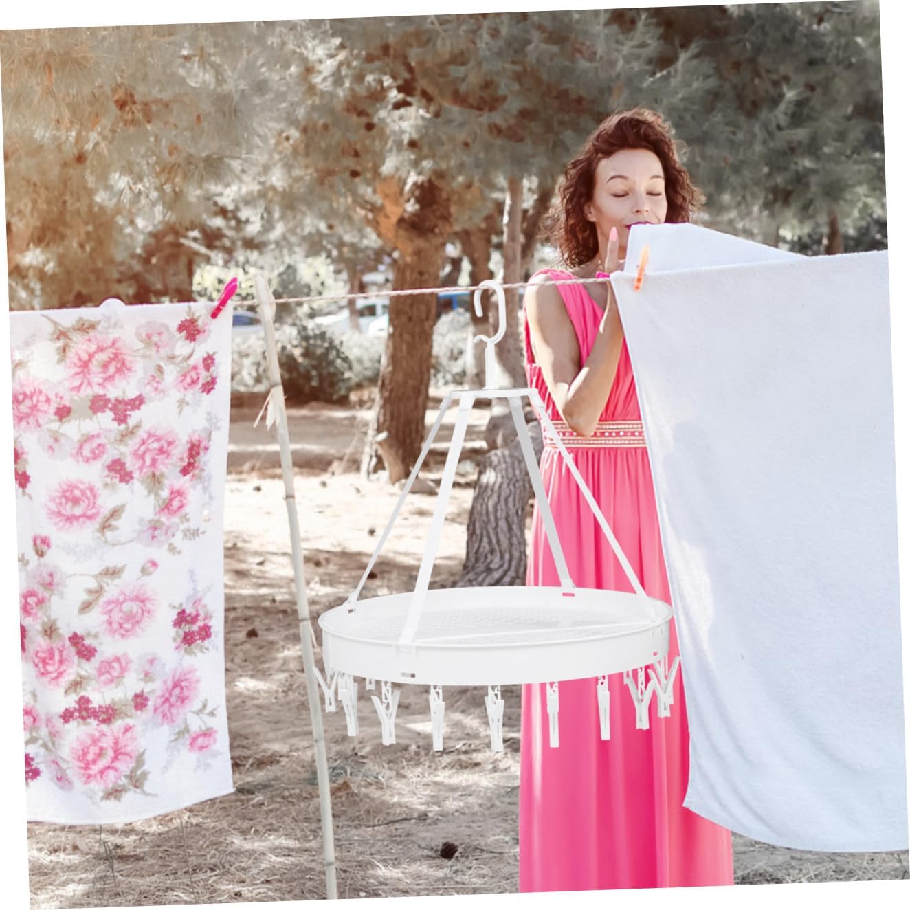 Foldable Clothes Drying Rack with Windproof Hooks Single-Layer Underwear and Socks Drying Hanger White Laundry for Balcony and Indoor Use