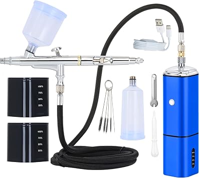 Cordless Airbrush Kit with Compressor Dual Action Rechargeable Detachable Air Brush Gun Portable for Makeup Art Painting Craft Cake Tattoo Model Barber with Two Replacement Batteries