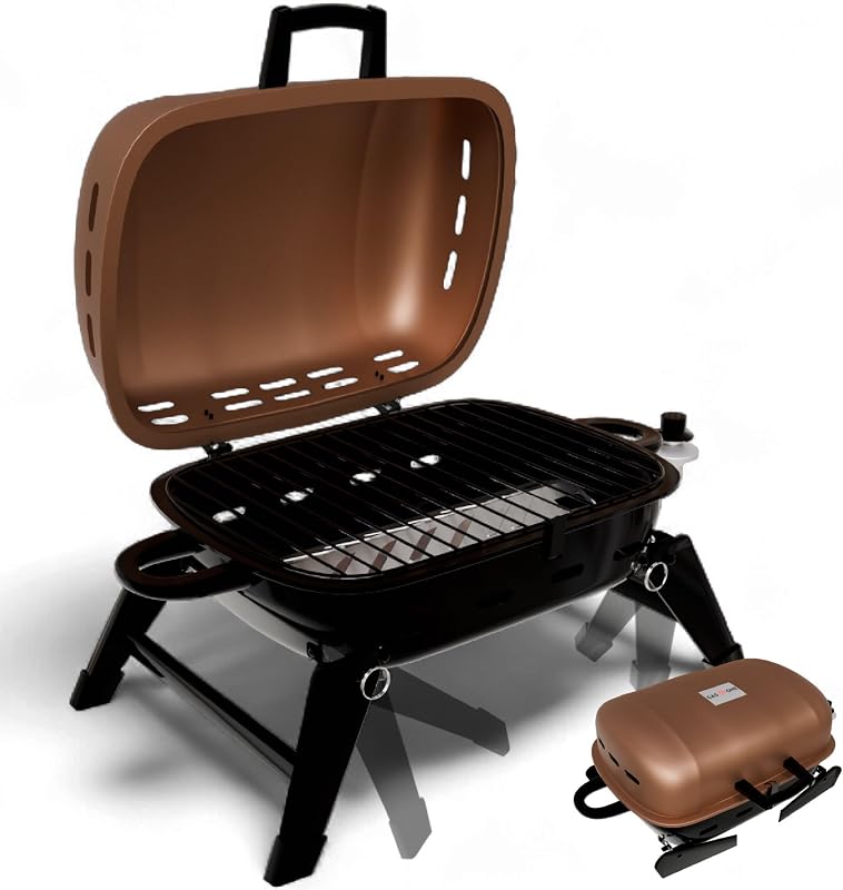GasOne Parrilla de propano de mesa – Parrilla portátil de propano con asas resistentes al calor, gran superficie de cocción – Perilla de control de temperatura fácil de usar Parrilla de gas portátil para RV, camping, hogar – Marrón bronceado