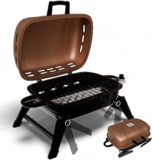 GasOne Tabletop Propane Grill – Portable Grill Propane with Heat Resistant Handles, Large Cooking Surface – User Friendly Temperature Control Knob Portable Gas Grill for RV, Camping, Home – Tan Brown