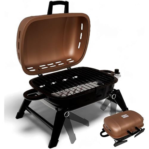 GasOne Tabletop Propane Grill – Portable Grill Propane with Heat Resistant Handles, Large Cooking Surface – User Friendly Temperature Control Knob Portable Gas Grill for RV, Camping, Home – Tan Brown