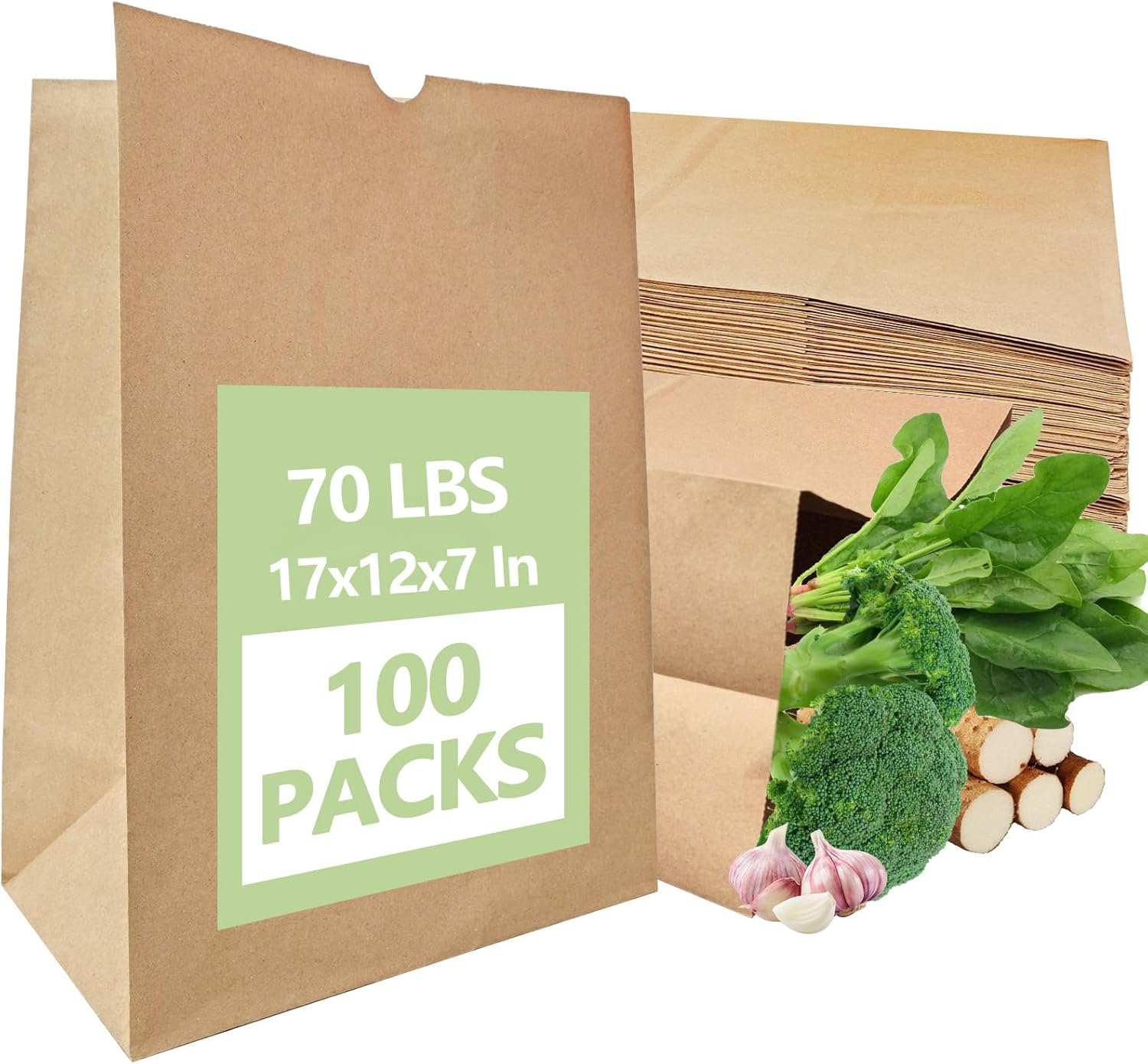 100 Pack Paper Kraft Paper Bags,70 Lbs Heavy Duty Large Grocery Brown Bag,12x7x17 Inch Bags for Storage,Take out,Shopping,Sacks