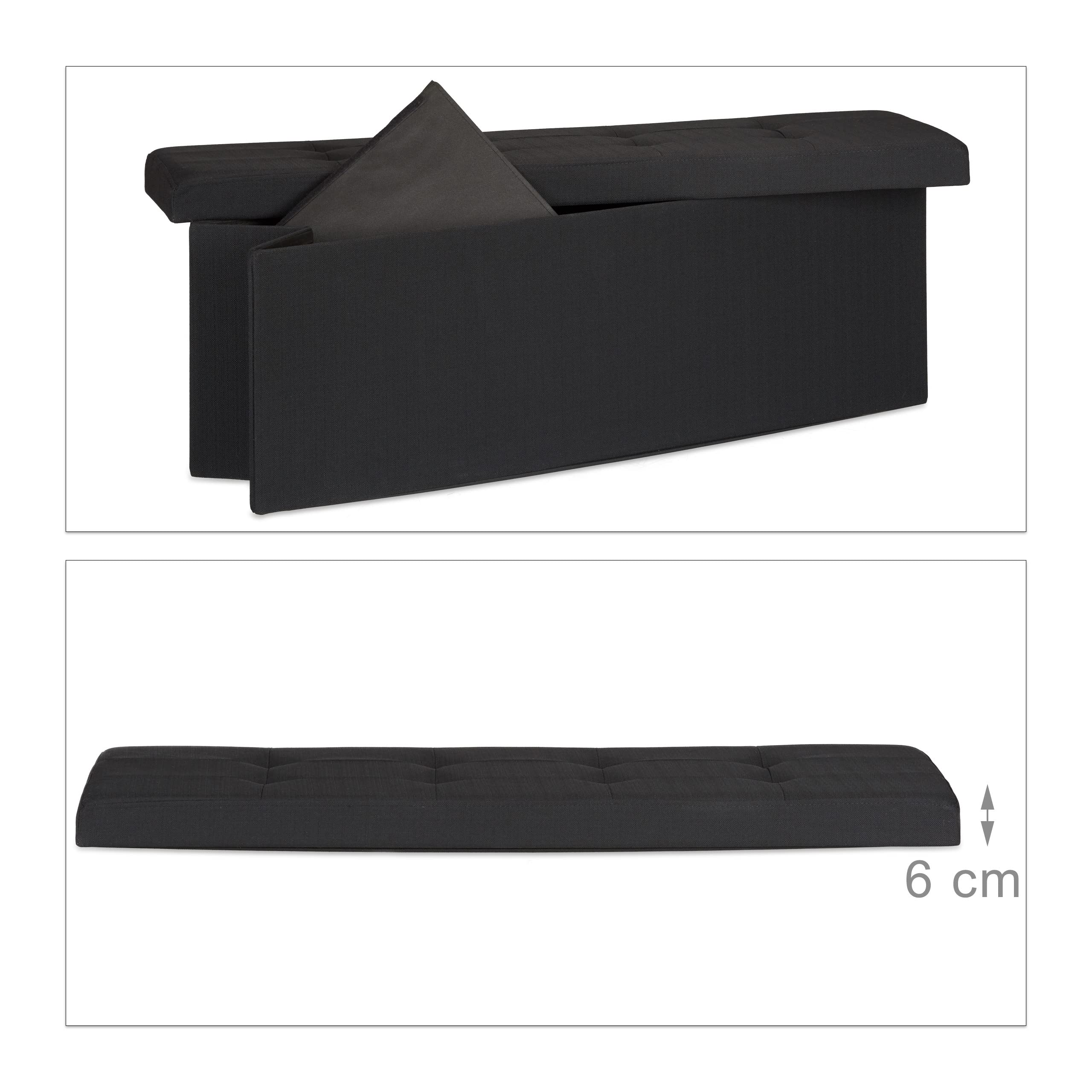 Relaxdays 10019049 _ 46 Pouf pliant, banc avec rangement, repose-pieds, lin, noir, 114 x 38 x 38 cm
