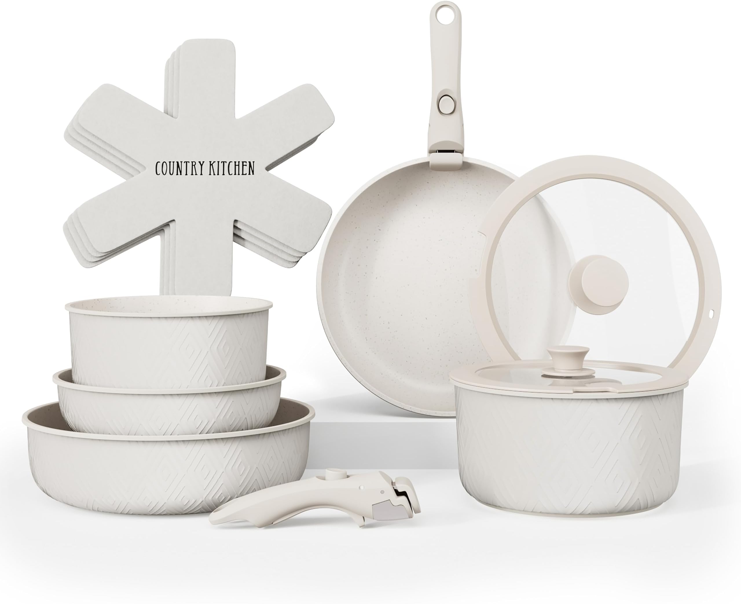Country Kitchen Cookware Set with Removable Handle, Oven & RV Safe Pots and Pans Set, Cream Rhombus, Original