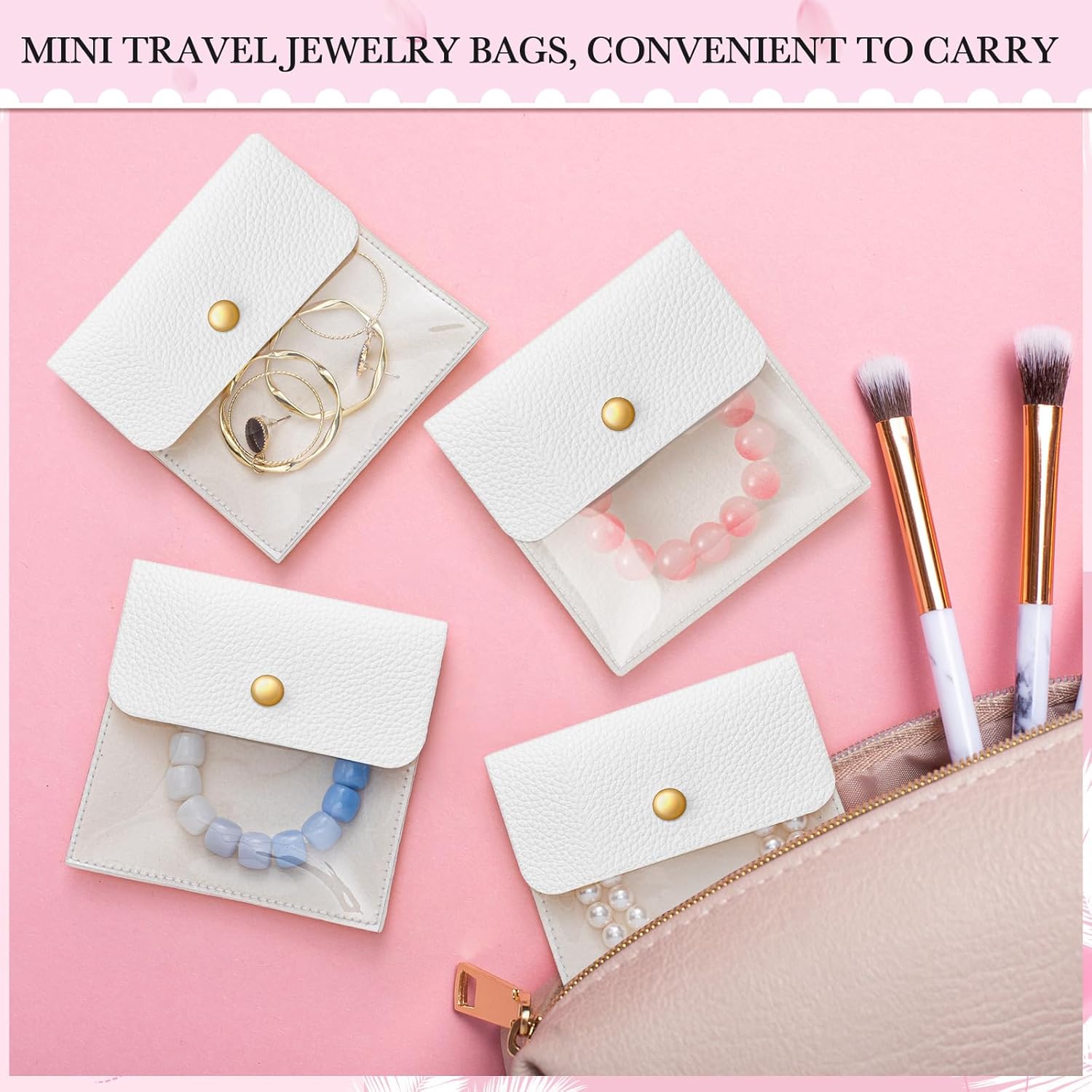 Abbylike 36 Pcs Small Velvet Jewelry Pouch for Travel 4 x 4 Inch Mini Clear Jewelry Bags Traveling PU Leather Velvet Organizer Bags (White)