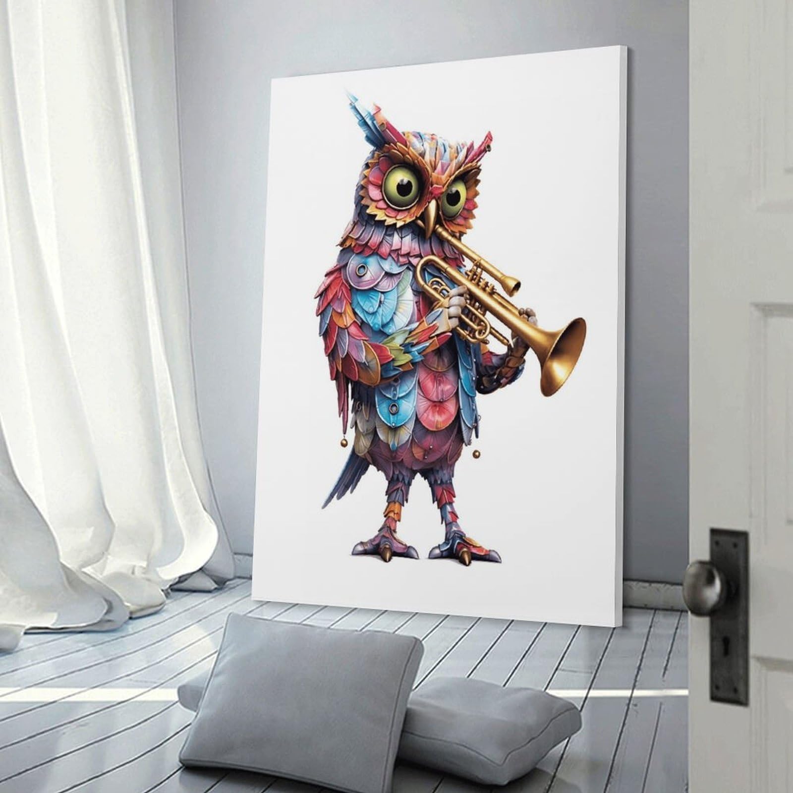 Junmoney Frame-Style-15 Colorful Musical Owl Art Print Wall Decor Canvas Print, 24X36inch(60X90cm), For Lounge, Bedroom Or Personal Spaces, Thoughtful Wall Decor For Art Lovers