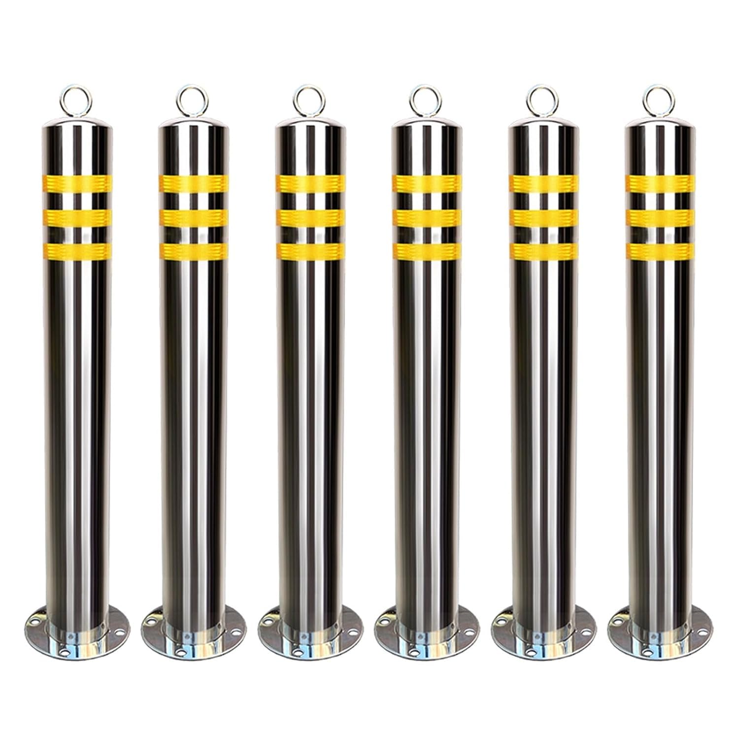 SGKOMN High Visibility Yellow Steel Bollard Post - Reflective Traffic Control Barrier with Hanging Ring for Driveway Safety, 23.6 * 3in(6pcs)