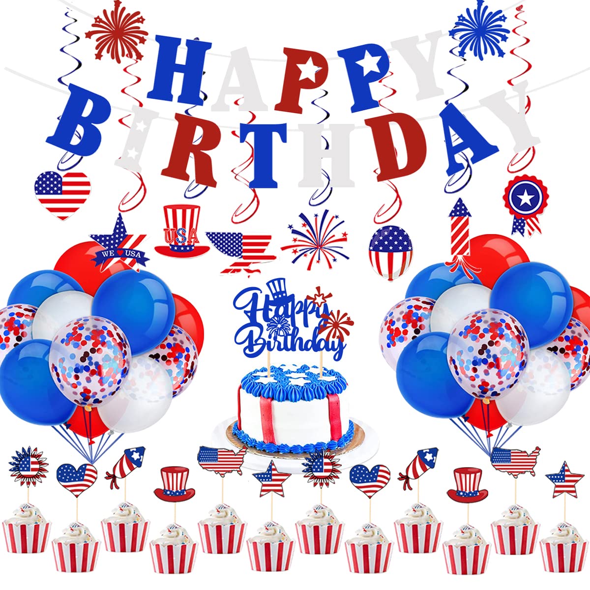 Red White and Blue Birthday Decorations 4th of July Happy Birthday Banner, Hanging Swirls,Balloons, Cake Toppers for Patriotic America Fourth of July Independence Day Party Supplies