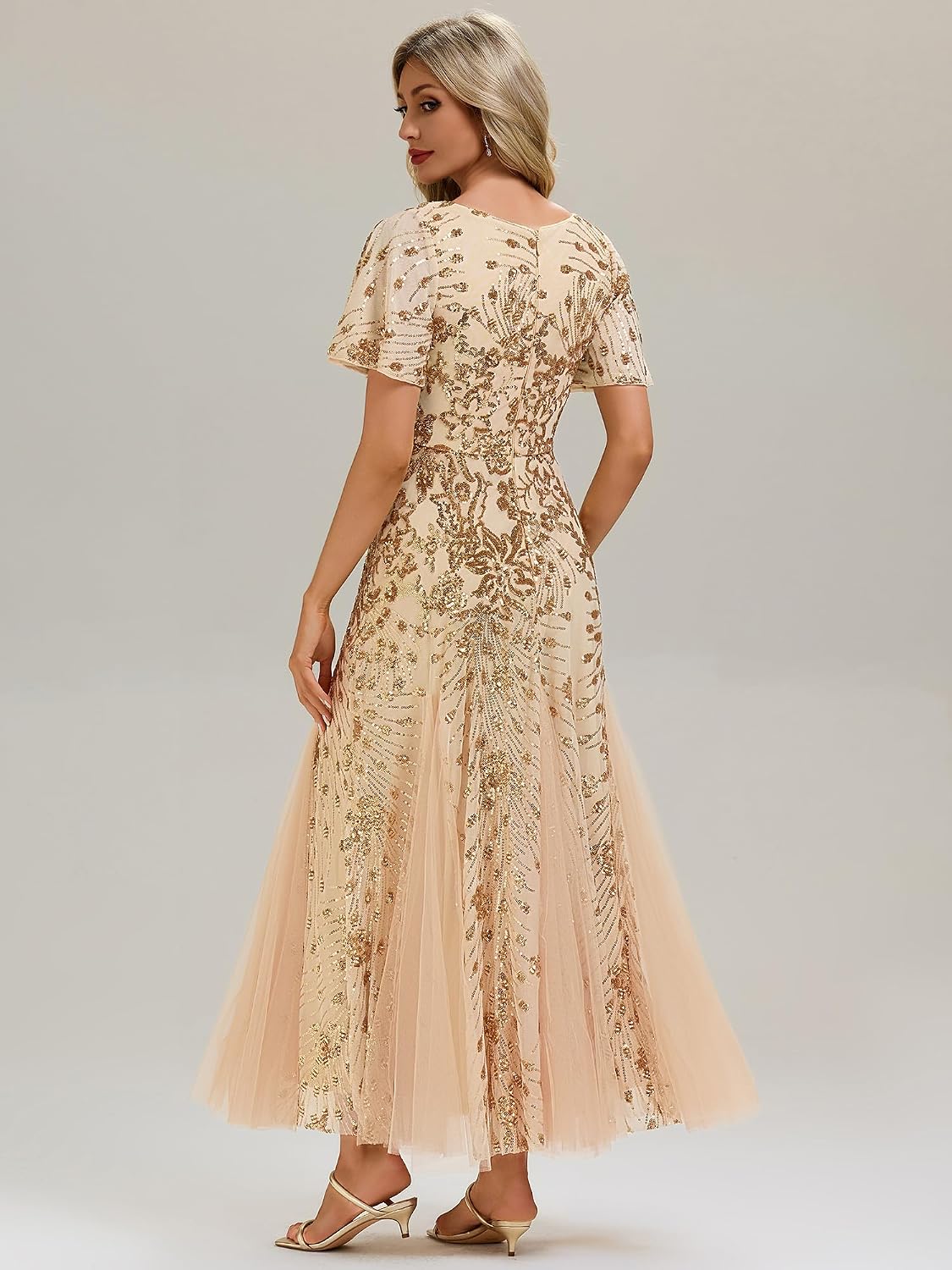 Ever-Pretty Women's Elegant Sequin Formal Evening Dress Mermaid V-Neck Short Sleeves Mother of Bride Dresses 02547