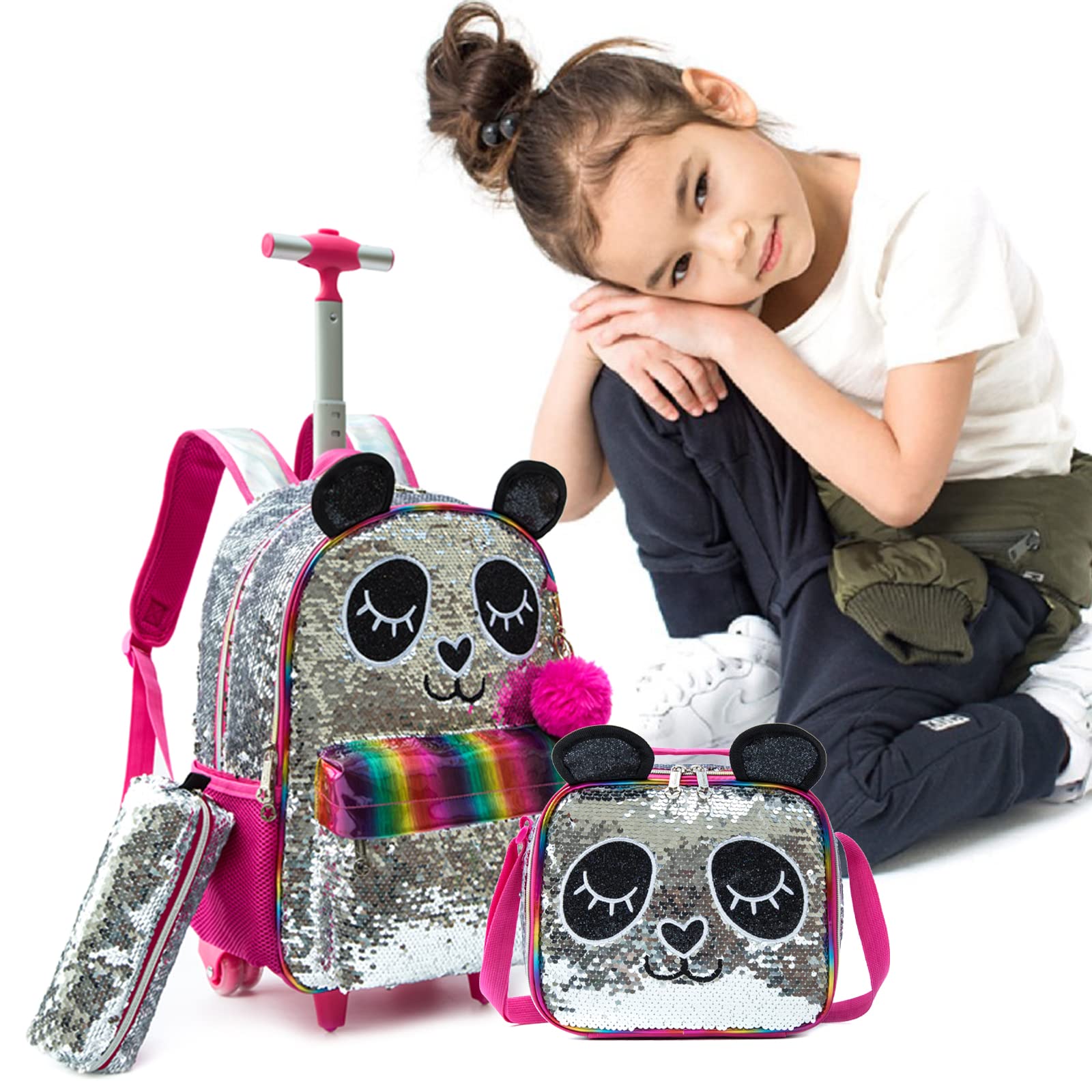 Mochilas Escolares con Ruedas Para Niñas,3PCS Mochila Carro Bolsa del Almuerzo y Estuche de Lápices Bolsos Escolares Para Chicas,16" Maleta Niños con Ruedas de Sirena Morada para Niñas con Lentejuelas