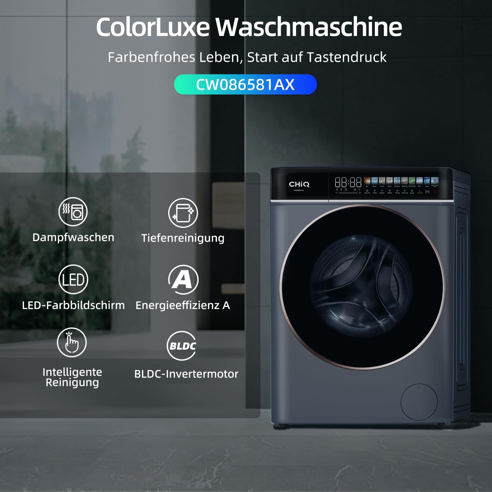 CHiQ Waschmaschine 8kg Frontlader, 1400 U/min, EEK A-15%, Touchscreen, Dampffunktion, 52cm tief, Schwarz