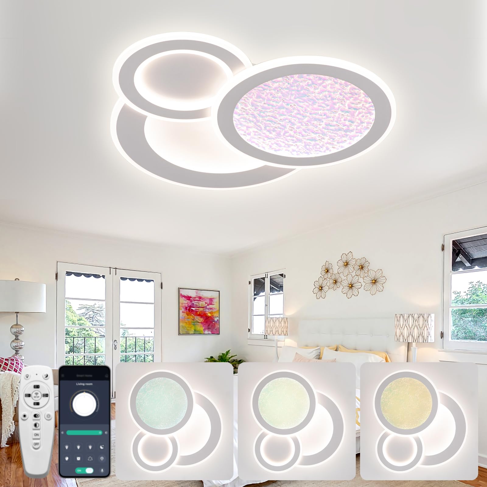 Dagea LED Dimmable Ceiling Light, 88W 6400lm Modern Dimming Ceiling Lamp with Remote Control, Creative Round Ceiling Lights for Living Room Bedroom Kitchen Hallway Lighting Fixture, Color