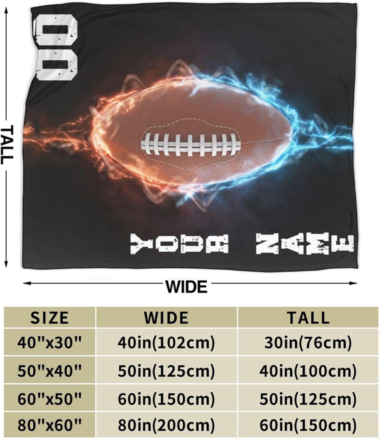 Custom Football Blanket with Name No. for Women Men, Personalized Cool Football Themed Printed Throw Blankets for Teens Adults Lap, Chair Sofa, Giftable Blanket, 50"x 60"