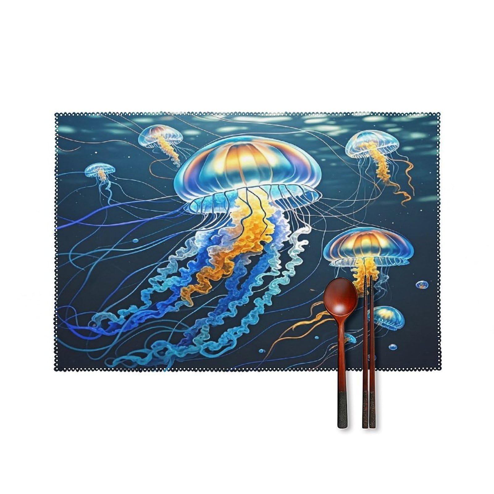 Color Jellyfish Placemats Set of 6 Heat-Resistant Washable Place Mats Wipeable Kitchen Placemat Easy to Clean for Indoor Outdoor Party Kitchen Decoration
