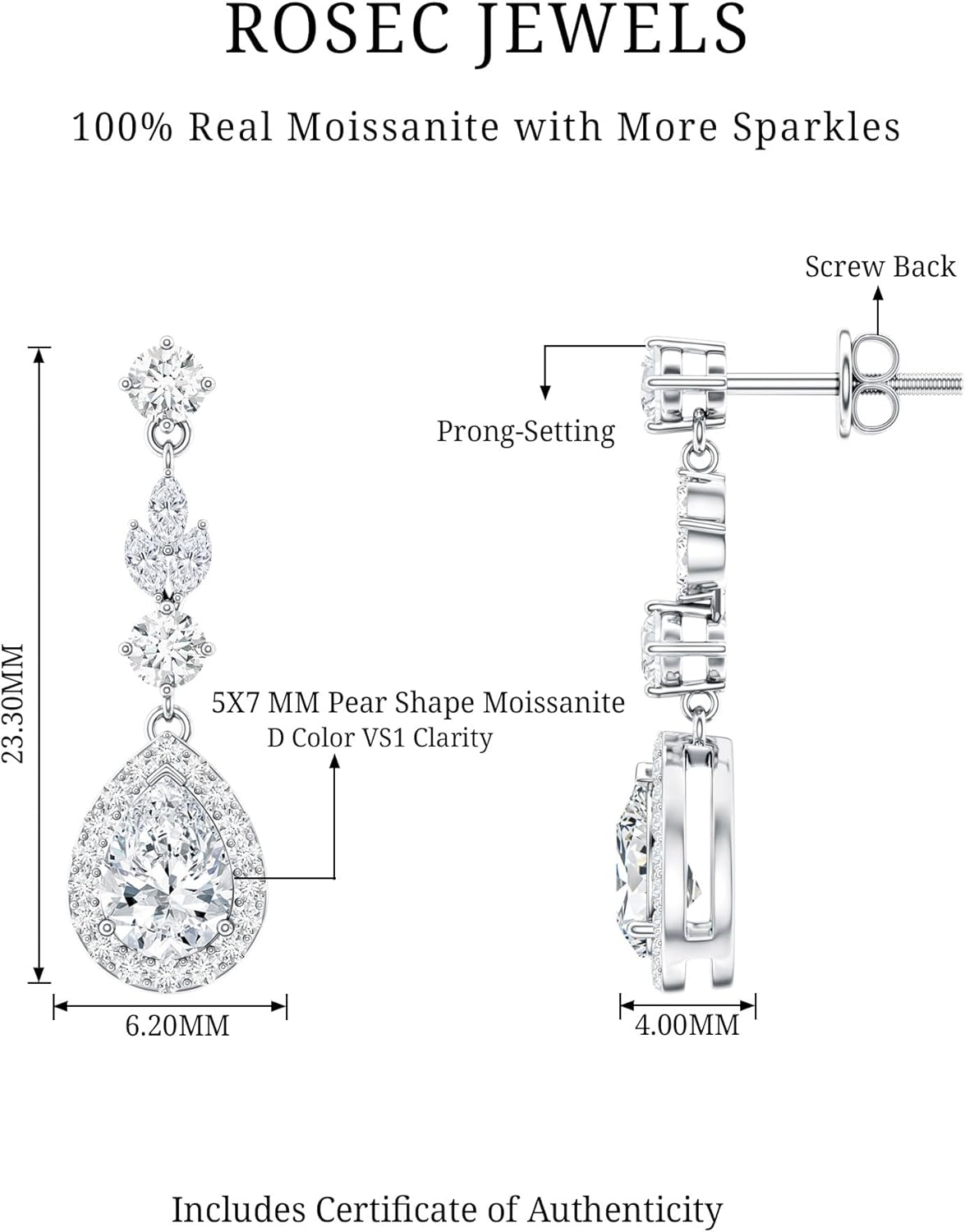 Certified 2.5 Carat Moissanite Dangle Earrings in Silver, D-Vs1 Quality, Moissanite Wedding Earrings - Ideal For Gift - Image 6