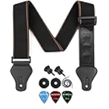 ROTOPATA Acoustic Guitar Strap, PU Leather Ends Guitar Accessories with 2 Buttons 2 Locks 3 Guitar Picks for Bass Electric Ukulele (Black)