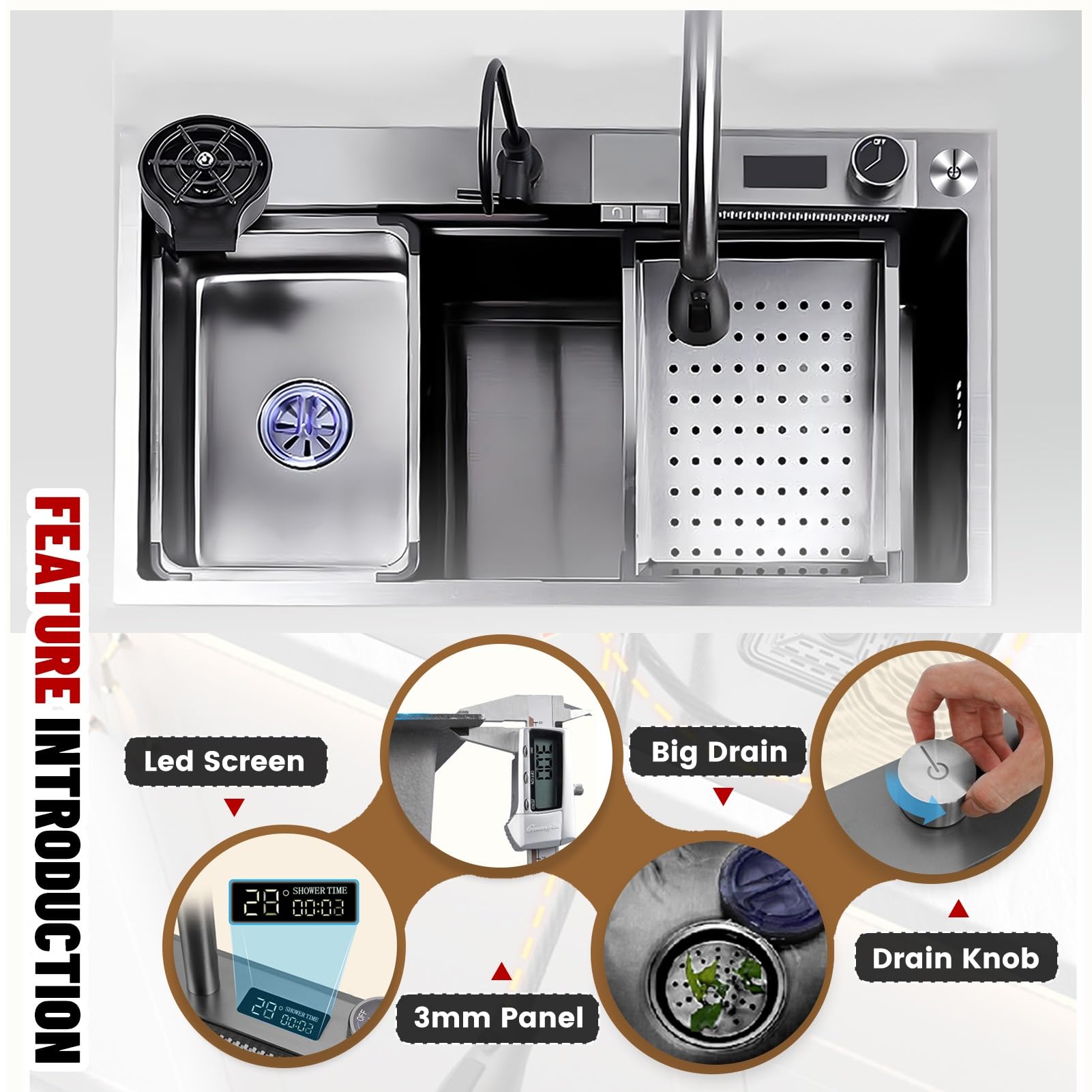 Fregadero de Cocina Grande Tipo Cascada, Fregadero Inteligente con Grifo extraíble, Kit de Lavado de Tazas y desagüe, Fregadero de Acero Inoxidable de un Solo Seno Estilo Granja pa
