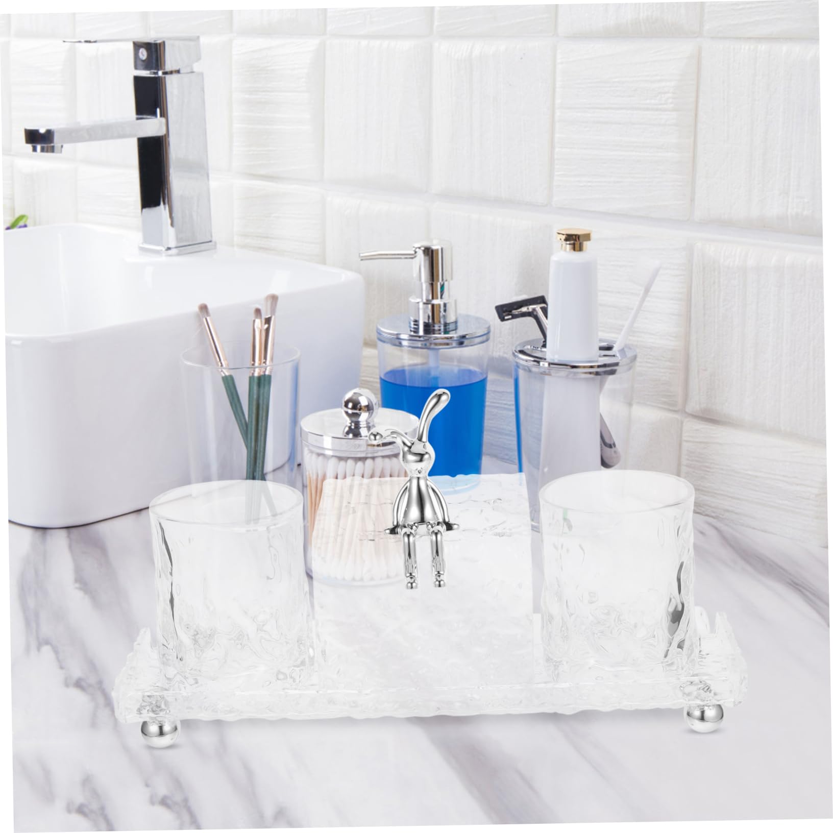 WOONEKY Zahnbürstenhalter für Badezimmer mit 2 Bechern Acryl Aufbewahrungsschale Organizer Tablett für Arbeitsplatte Zahnputzbecher für Kinder