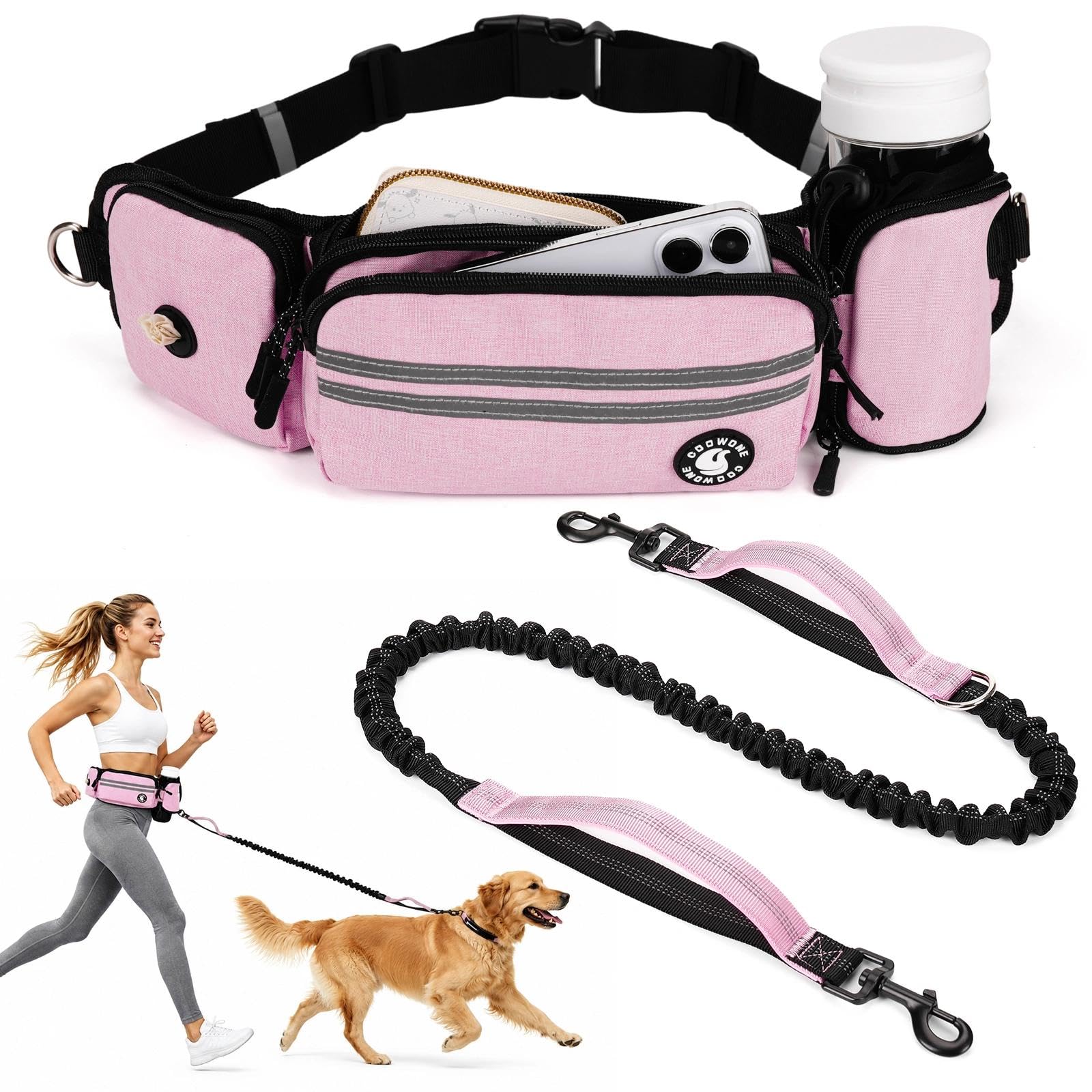 Hands-Free Dog Lead with Dog Walking Belt Bag for Large, Medium and Small Dogs (Pink, with 1 Dog Lead)