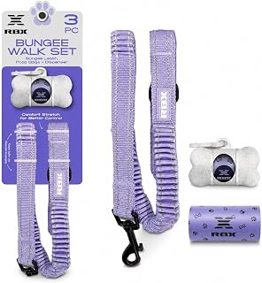 RBX Bungee Leash for Dogs with Reflective Stitching, 3-Piece Shock Absorbing Dog Walking Set with Poop Bags and Bone-Shaped Dispenser for Daily Walks, Training and Outdoor Adventures