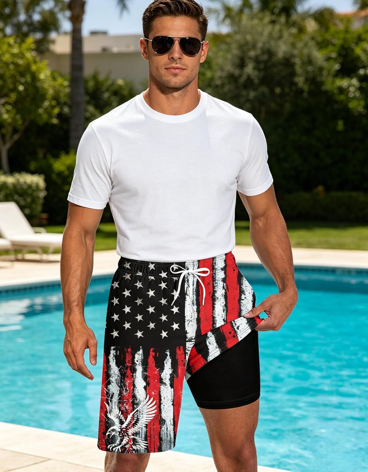 Goodstoworld Men's Funny Swim Trunks with Compression Liner 2 in 1 Quick-Dry 9" Stretch Shorts with Three Pockets