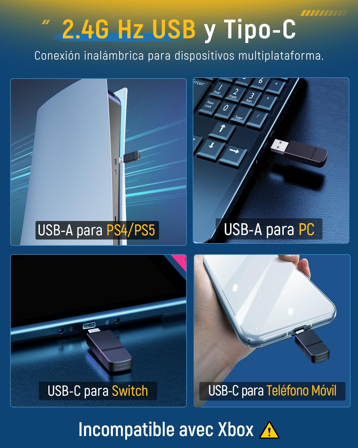 Tatybo Cascos Gaming Inalámbricos 7.1 para Ps5/Ps4/PC, Auriculares Bluetooth con Micrófono con Cancelación de Ruido, 2.4GHz USB-C, 40H+ Batería para Switch/Mac/Portátil