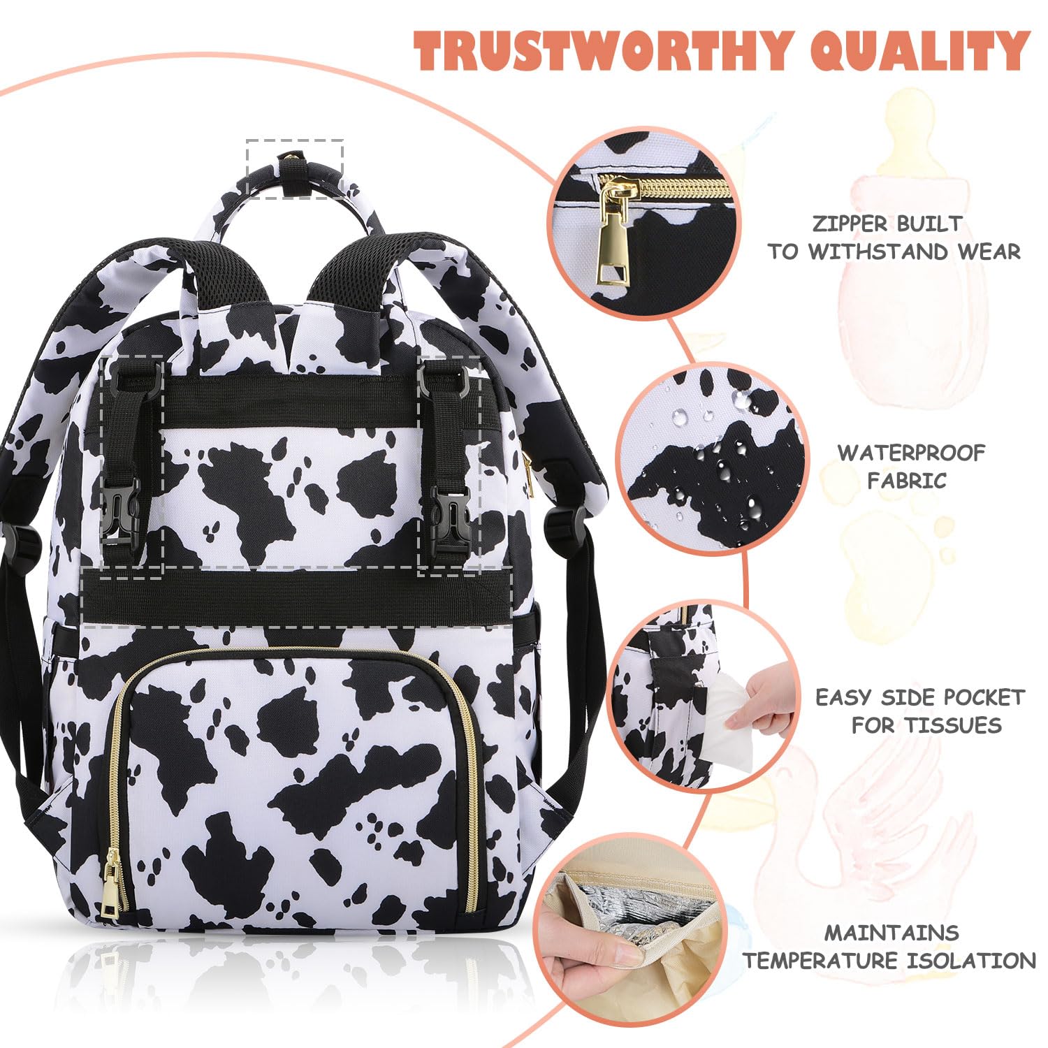 Tenot Baby Diaper Bag Backpack, Travel Diaper Bags for Baby Girl Boy Large Capacity Baby Bag Backpack for Women Cow Print